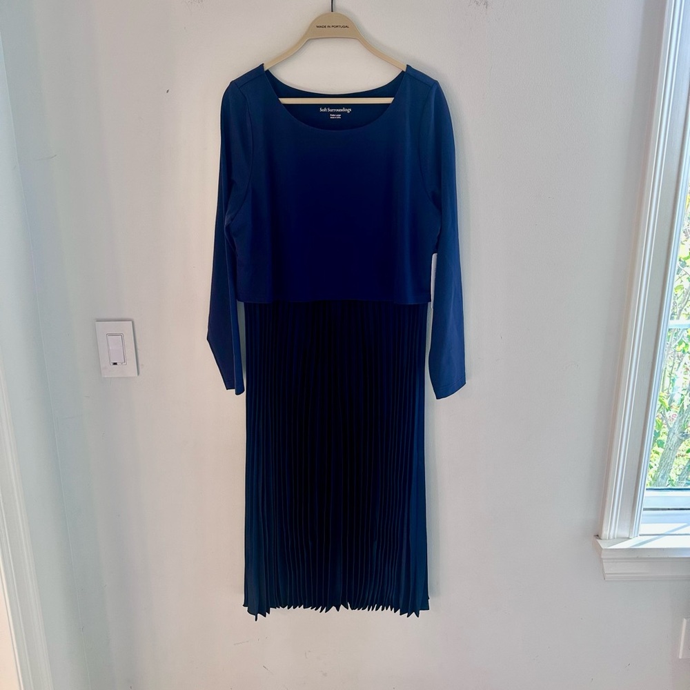 Soft Surroundings Cassandra Midi Dress Pleated Satin Skirt Navy Blue Large P - Picture 3 of 12